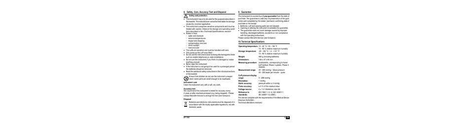 Safety, care, accuracy test and disposal, M safety and protection, Instrument care | Accuracy test, Disposal, Guarantee, Technical specifications | Microlife BP A90-30 User Manual | Page 7 / 37