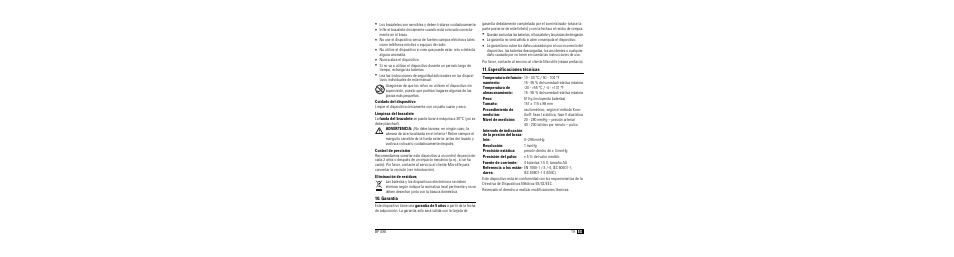 Cuidado del dispositivo, Limpieza del brazalete, Control de precisión | Eliminación de residuos, Garantía, Especificaciones técnicas | Microlife BP A80 User Manual | Page 21 / 107