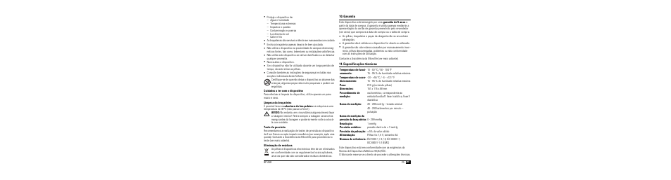 Cuidados a ter com o dispositivo, Limpeza da braçadeira, Teste de precisão | Eliminação de resíduos, Garantia, Especificações técnicas | Microlife BP A80 User Manual | Page 27 / 107