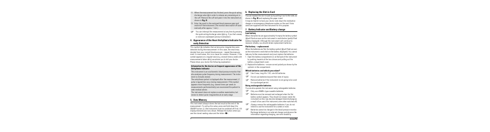 Data memory, Replacing the slot-in card, Battery indicator and battery change | Low battery, Flat battery - replacement, Which batteries and which procedure, Using rechargeable batteries | Microlife BP A80 User Manual | Page 6 / 107
