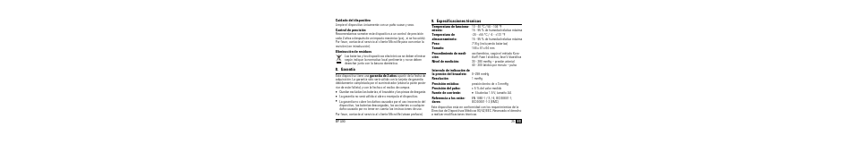 Cuidado del dispositivo, Control de precisión, Eliminación de residuos | Garantía, Especificaciones técnicas | Microlife BP A90 User Manual | Page 27 / 153