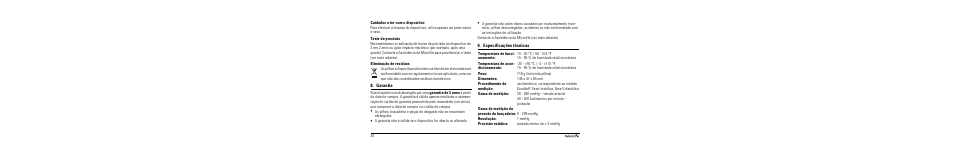 Cuidados a ter com o dispositivo, Teste de precisão, Eliminação de resíduos | Garantia, Especificações técnicas | Microlife BP A90 User Manual | Page 36 / 153