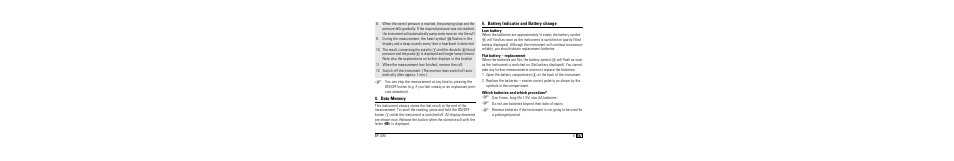Data memory, Battery indicator and battery change, Low battery | Flat battery - replacement, Which batteries and which procedure | Microlife BP A90 User Manual | Page 7 / 153