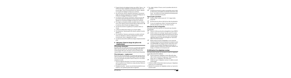 Piles presque déchargées, Piles déchargées - remplacement, Types de pile et procédure | Utilisation de piles rechargeables, Utilisation d'un adaptateur secteur | Microlife BP A100 Plus User Manual | Page 15 / 105