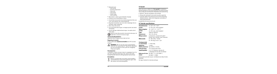 Instrumentvedligeholdelse, Rengøring af manchet, Præcisionstest | Bortskaffelse, Garanti, Tekniske specifikationer | Microlife BP A100 Plus User Manual | Page 48 / 105