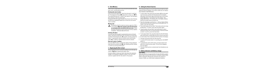 Data memory, Viewing the stored values, Memory full | Clearing all values, How not to store a reading, Replacing the slot-in card, Setting the alarm function, Battery indicator and battery change, Low battery | Microlife BP A100 Plus User Manual | Page 7 / 105