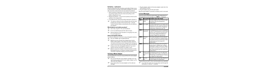 Flat battery - replacement, Which batteries and which procedure, Using rechargeable batteries | Using a mains adapter, Error messages | Microlife BP A100 Plus User Manual | Page 8 / 105