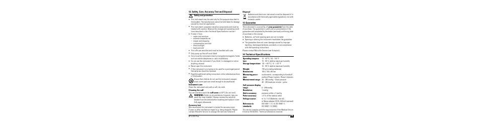 Safety, care, accuracy test and disposal, M safety and protection, Instrument care | Cleaning the cuff, Accuracy test, Disposal, Guarantee, Technical specifications | Microlife BP A100 Plus User Manual | Page 9 / 105