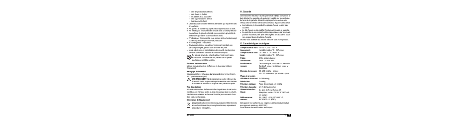 Entretien de l'instrument, Nettoyage du brassard, Test de précision | Elimination de l'équipement, Garantie, Caractéristiques techniques | Microlife BP A100 User Manual | Page 15 / 105