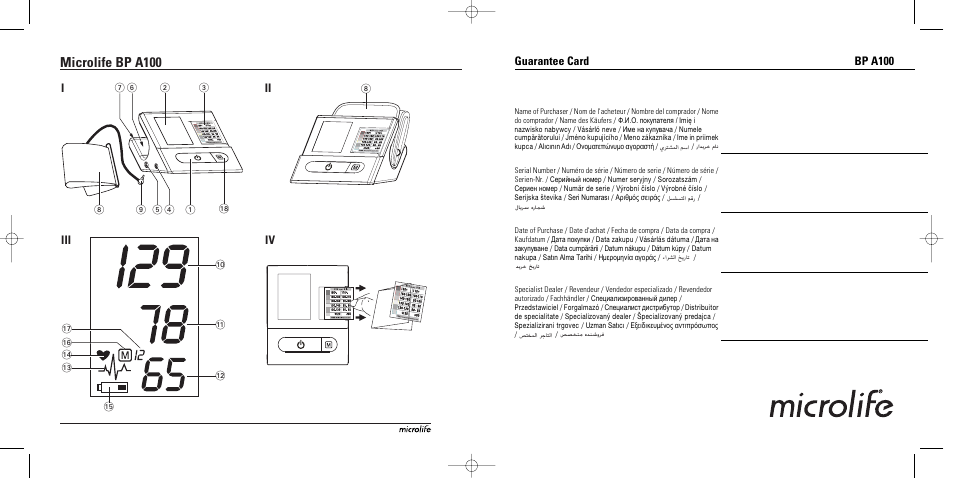 Microlife bp a100, Iii iv, Guarantee card bp a100 | Microlife BP A100 User Manual | Page 2 / 105