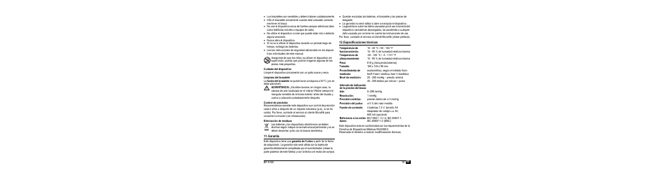Cuidado del dispositivo, Limpieza del brazalete, Control de precisión | Eliminación de residuos, Garantía, Especificaciones técnicas | Microlife BP A100 User Manual | Page 21 / 105