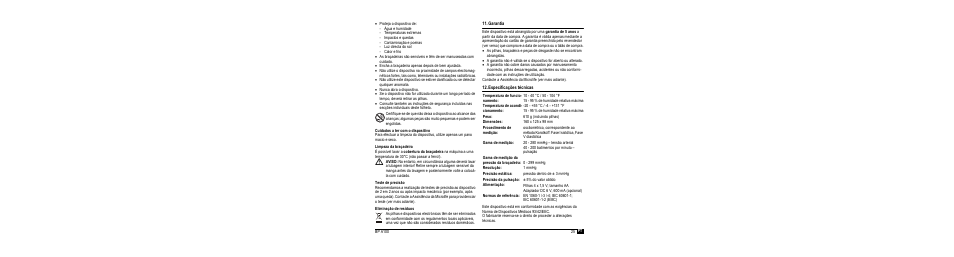 Cuidados a ter com o dispositivo, Limpeza da braçadeira, Teste de precisão | Eliminação de resíduos, Garantia, Especificações técnicas | Microlife BP A100 User Manual | Page 27 / 105