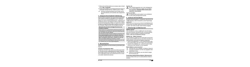 Anzeige der herz-arrhythmie früherkennung, Messwertspeicher, Anzeigen der gespeicherten werte | Speicher voll, Löschen aller werte, Austausch der einschubkarte, Batterieanzeige und batteriewechsel, Batterien bald leer, Batterien leer – batterie austausch, Welche batterien und was beachten | Microlife BP A100 User Manual | Page 31 / 105