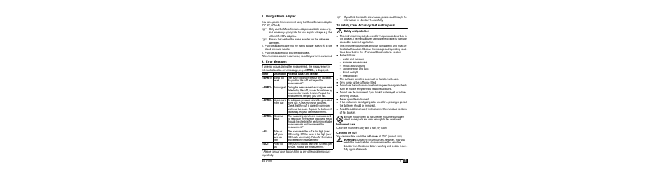 Using a mains adapter, Error messages, Safety, care, accuracy test and disposal | M safety and protection, Instrument care, Cleaning the cuff | Microlife BP A100 User Manual | Page 7 / 105