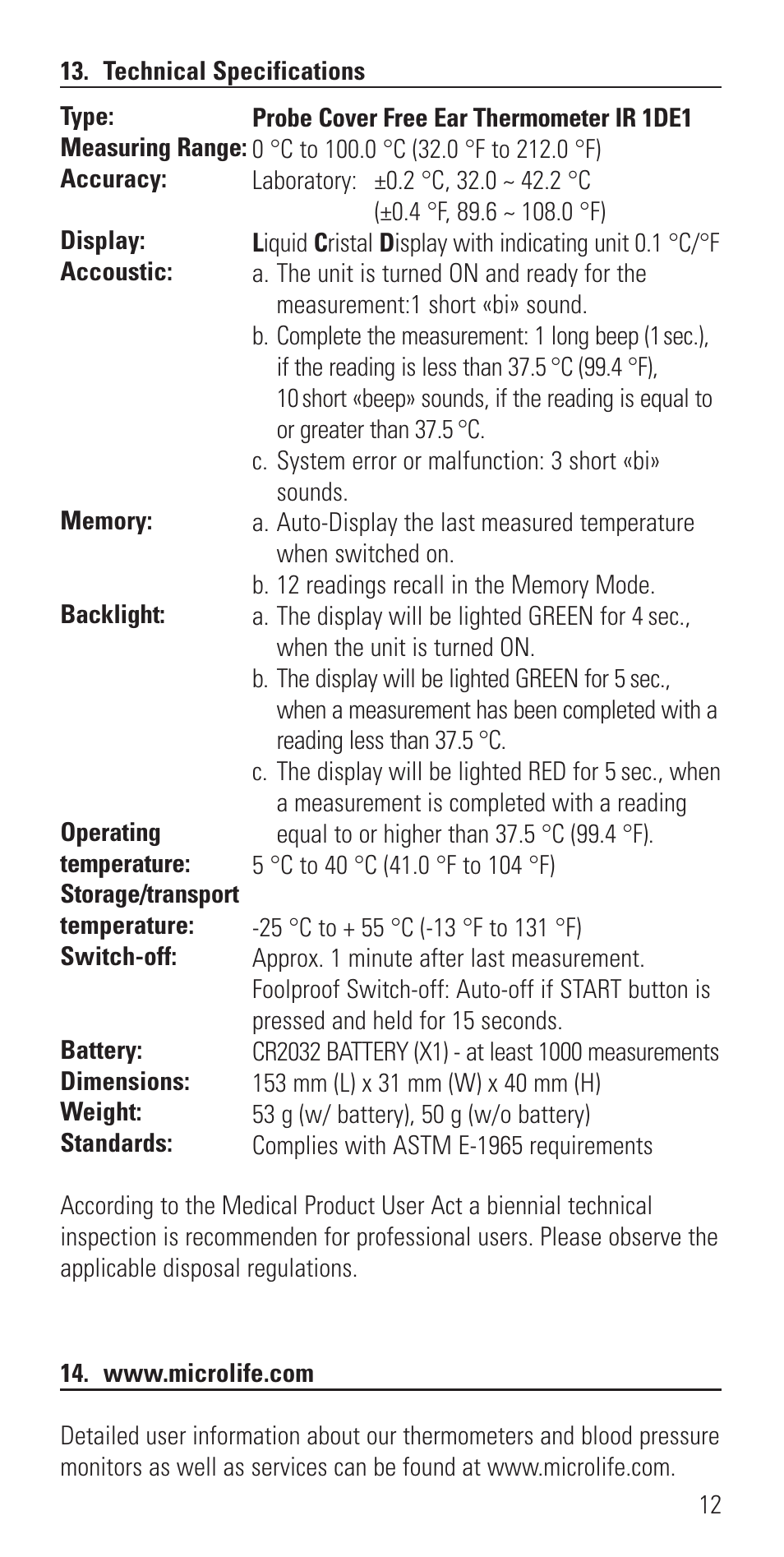 Microlife IR 1DE1 User Manual | Page 14 / 48