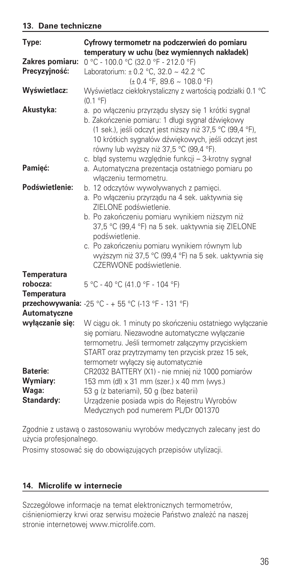 Microlife IR 1DE1 User Manual | Page 38 / 48