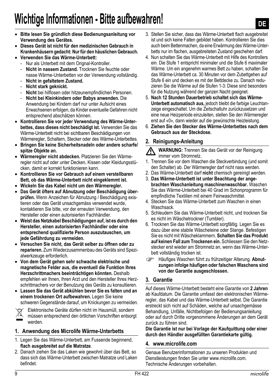 Wichtige informationen - bitte aufbewahren | Microlife FH 422 User Manual | Page 10 / 26