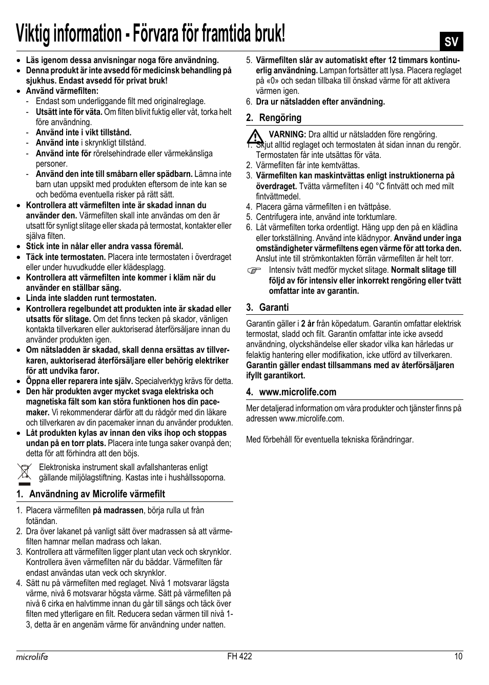 Viktig information - förvara för framtida bruk | Microlife FH 422 User Manual | Page 11 / 26