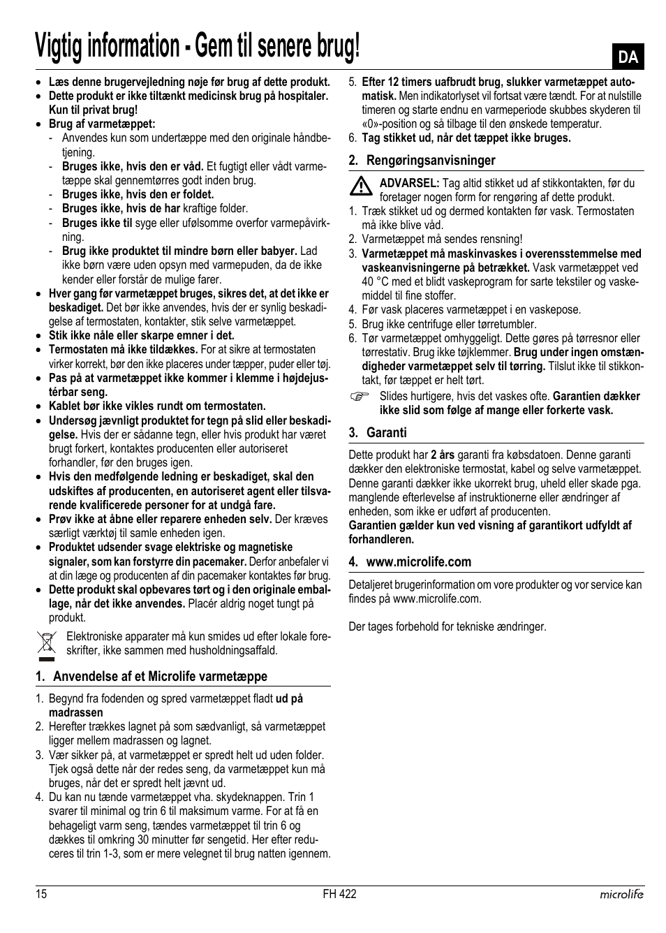 Vigtig information - gem til senere brug | Microlife FH 422 User Manual | Page 16 / 26