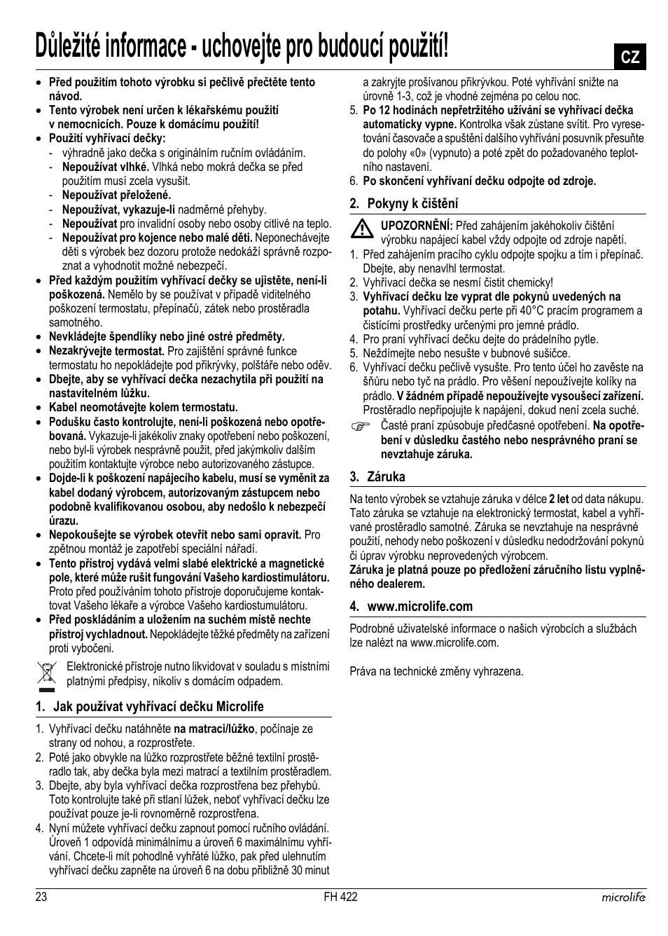 Důležité informace - uchovejte pro budoucí použití | Microlife FH 422 User Manual | Page 24 / 26