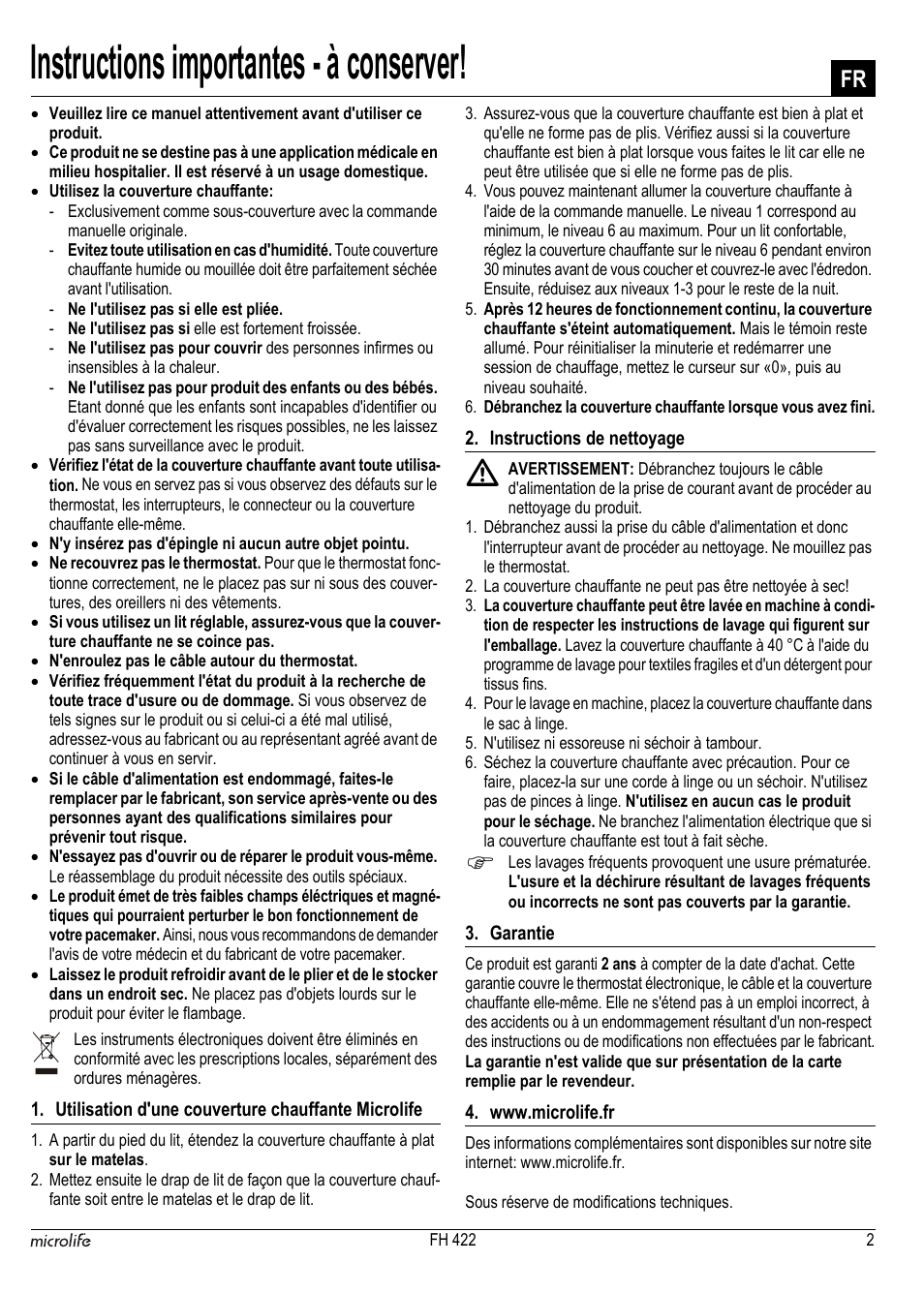 Instructions importantes - à conserver | Microlife FH 422 User Manual | Page 3 / 26