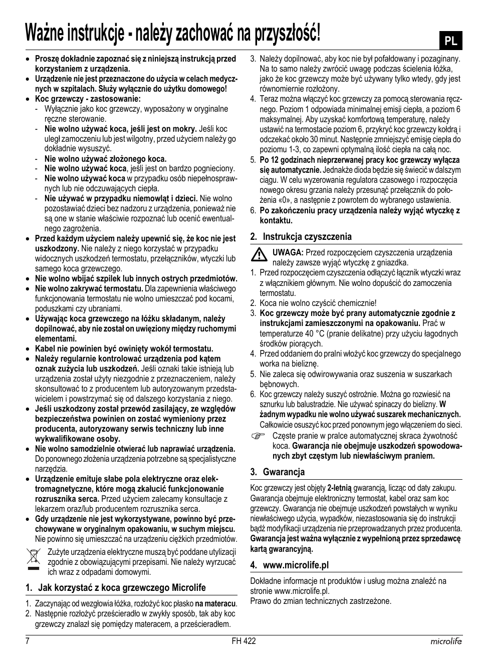 Ważne instrukcje - należy zachować na przyszłość | Microlife FH 422 User Manual | Page 8 / 26