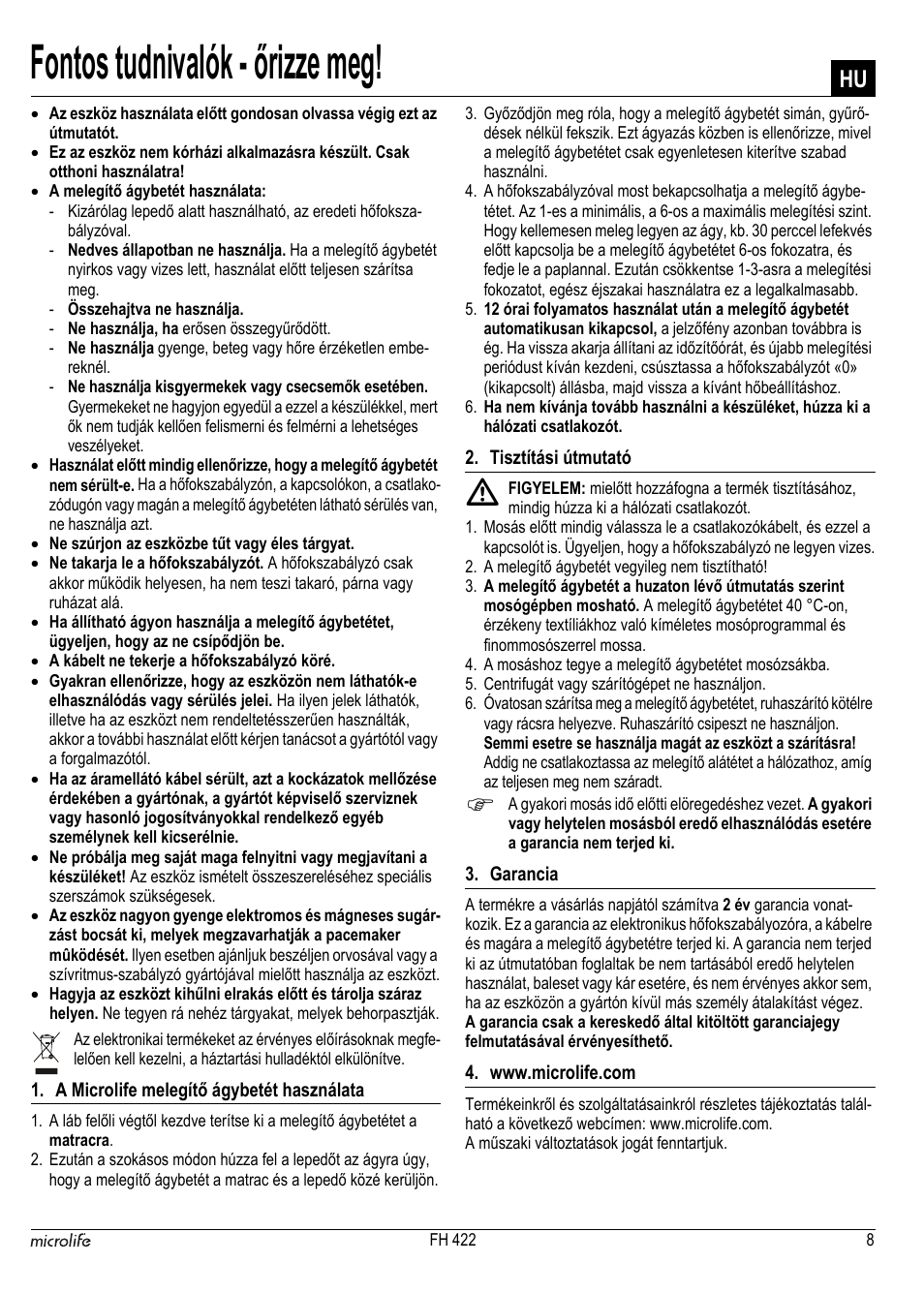 Fontos tudnivalók - őrizze meg | Microlife FH 422 User Manual | Page 9 / 26