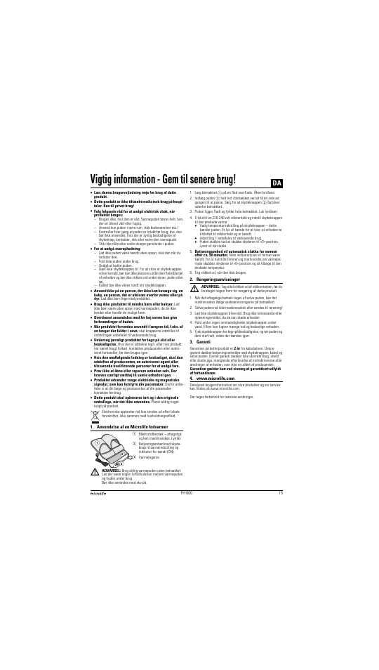 Vigtig information - gem til senere brug | Microlife FH 600 User Manual | Page 15 / 26