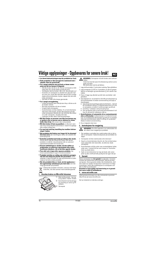 Viktige opplysninger - oppbevares for senere bruk | Microlife FH 600 User Manual | Page 16 / 26