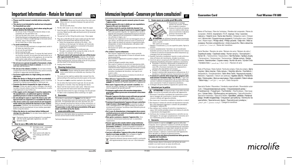 Important information - retain for future use, Guarantee card foot warmer fh 600 | Microlife FH 600 User Manual | Page 2 / 26