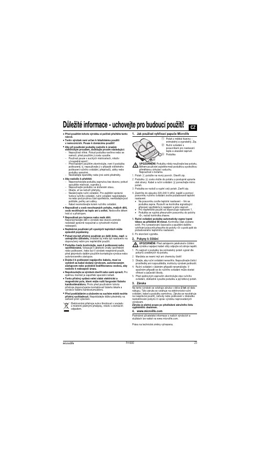 Důležité informace - uchovejte pro budoucí použití | Microlife FH 600 User Manual | Page 23 / 26