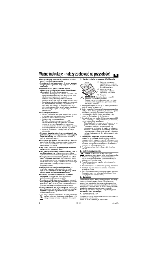 Ważne instrukcje - należy zachować na przyszłość | Microlife FH 600 User Manual | Page 8 / 26