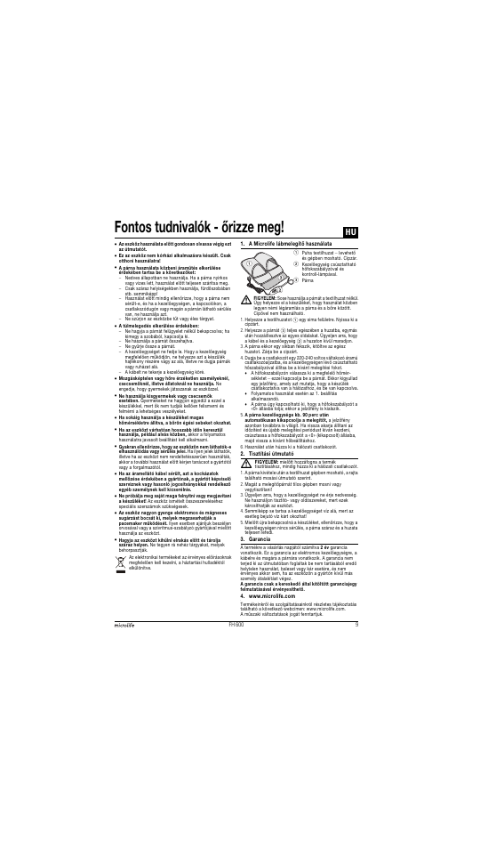 Fontos tudnivalók - őrizze meg | Microlife FH 600 User Manual | Page 9 / 26