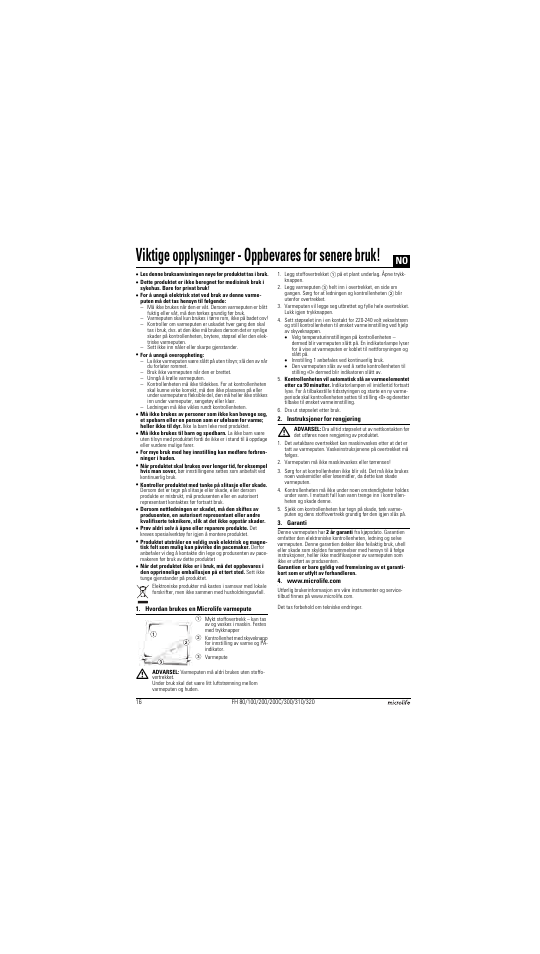 Viktige opplysninger - oppbevares for senere bruk | Microlife FH 300 User Manual | Page 16 / 26