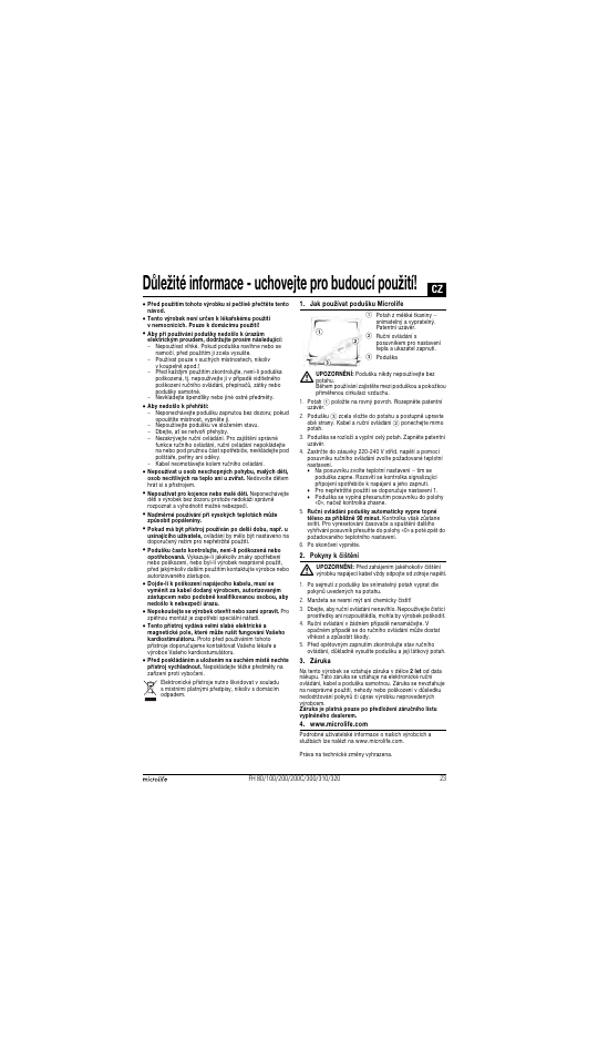 Důležité informace - uchovejte pro budoucí použití | Microlife FH 300 User Manual | Page 23 / 26