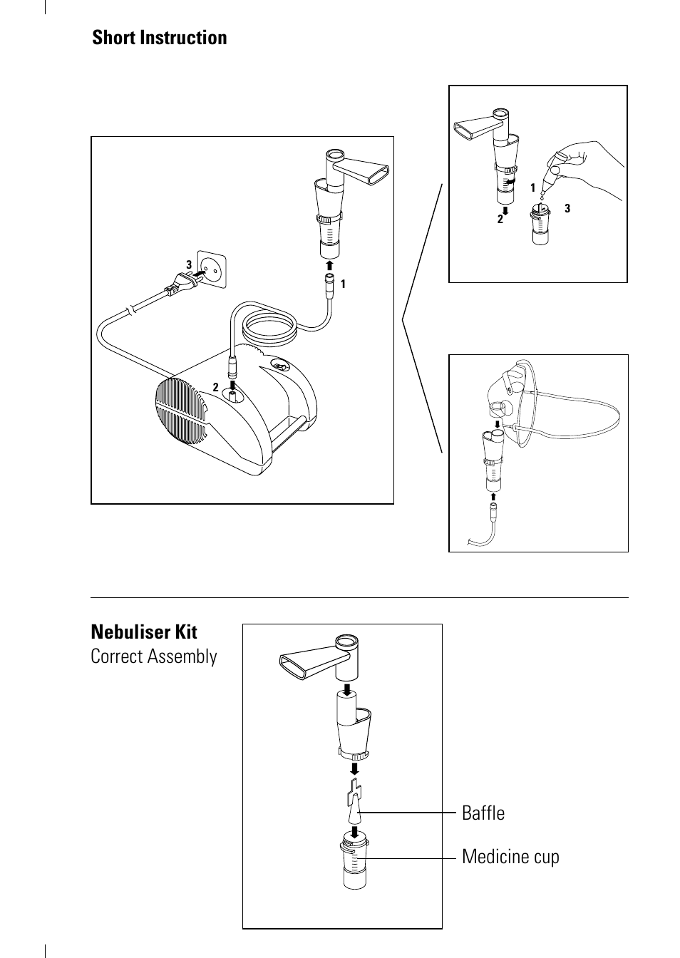 Short instruction nebuliser kit correct assembly, Baffle medicine cup | Microlife NEB 50 User Manual | Page 4 / 59