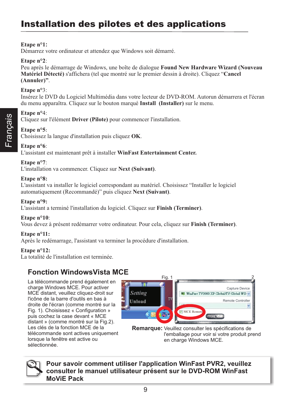 頁面 11, Installation des pilotes et des applications, Fonction windowsvista mce | Leadtek WinFast PalmTop TV Plus User Manual | Page 11 / 19