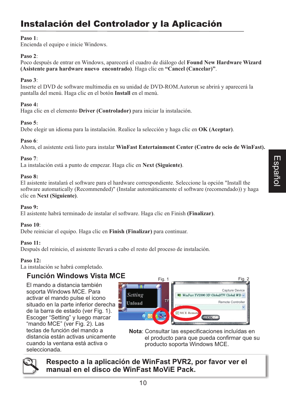 頁面 12, Instalación del controlador y la aplicación, Función windows vista mce | Leadtek WinFast PalmTop TV Plus User Manual | Page 12 / 19