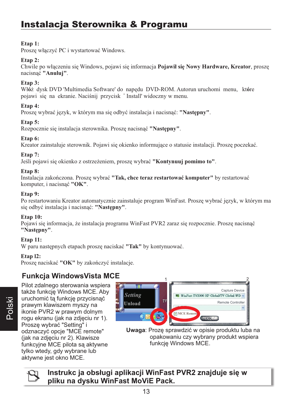 頁面 15, Instalacja sterownika & programu, Po ls k i | Funkcja windowsvista mce | Leadtek WinFast PalmTop TV Plus User Manual | Page 15 / 19
