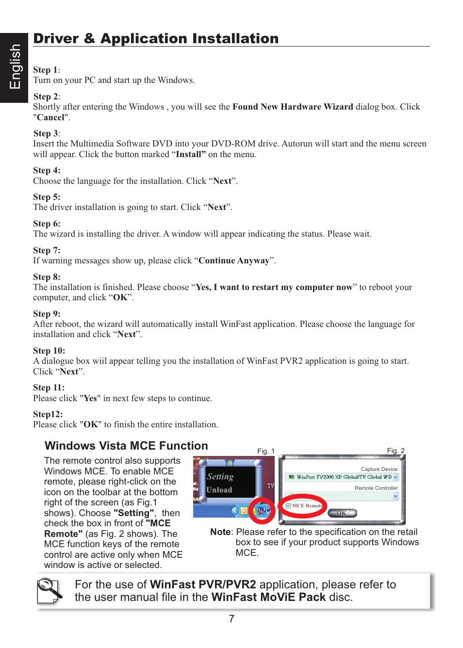 頁面 9, Driver & application installation, En g lis h | Windows vista mce function | Leadtek WinFast PalmTop TV Plus User Manual | Page 9 / 19