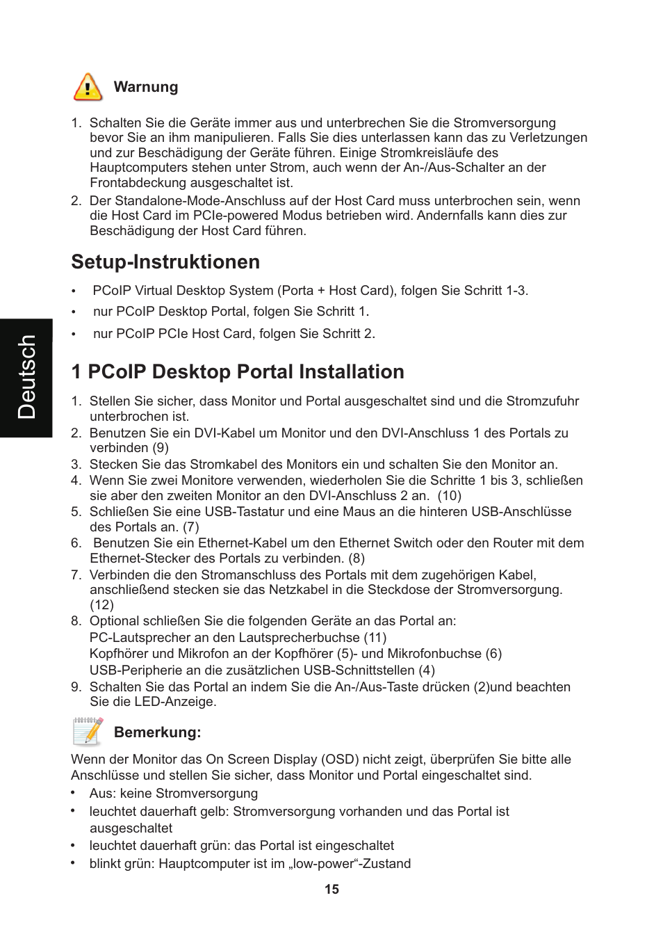頁面 18, De u ts c h, Setup-instruktionen | 1 pcoip desktop portal installation | Leadtek WinFast VP200P User Manual | Page 18 / 51