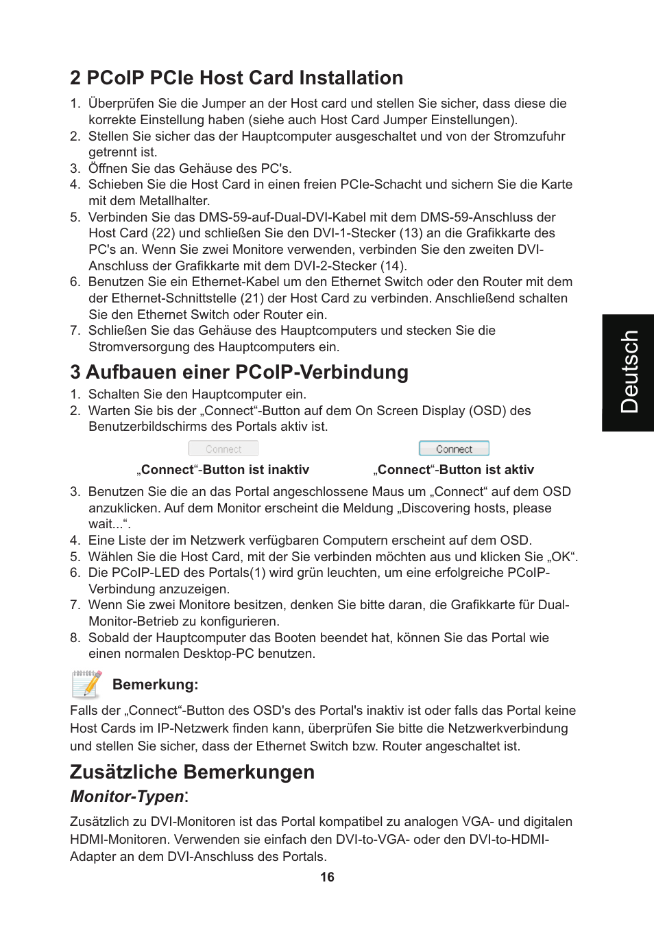 頁面 19, De u ts c h, 2 pcoip pcie host card installation | 3 aufbauen einer pcoip-verbindung, Zusätzliche bemerkungen | Leadtek WinFast VP200P User Manual | Page 19 / 51