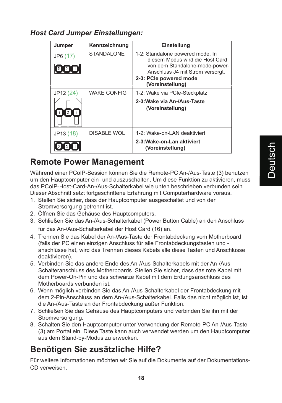 頁面 21, De u ts c h, Remote power management | Benötigen sie zusätzliche hilfe, Host card jumper einstellungen | Leadtek WinFast VP200P User Manual | Page 21 / 51