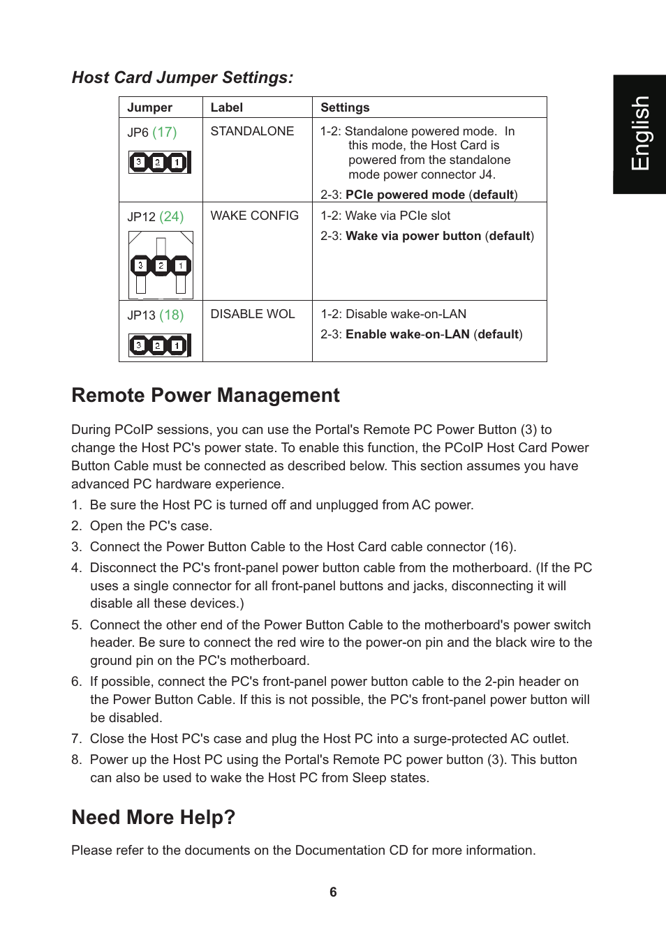 頁面 9, En g lis h, Remote power management | Need more help, Host card jumper settings | Leadtek WinFast VP200P User Manual | Page 9 / 51