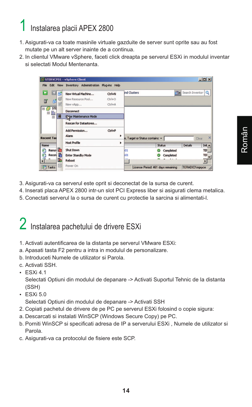 Instalarea placii apex 2800, Instalarea pachetului de drivere esxi, Român | Leadtek Teradici APEX 2800 User Manual | Page 17 / 83