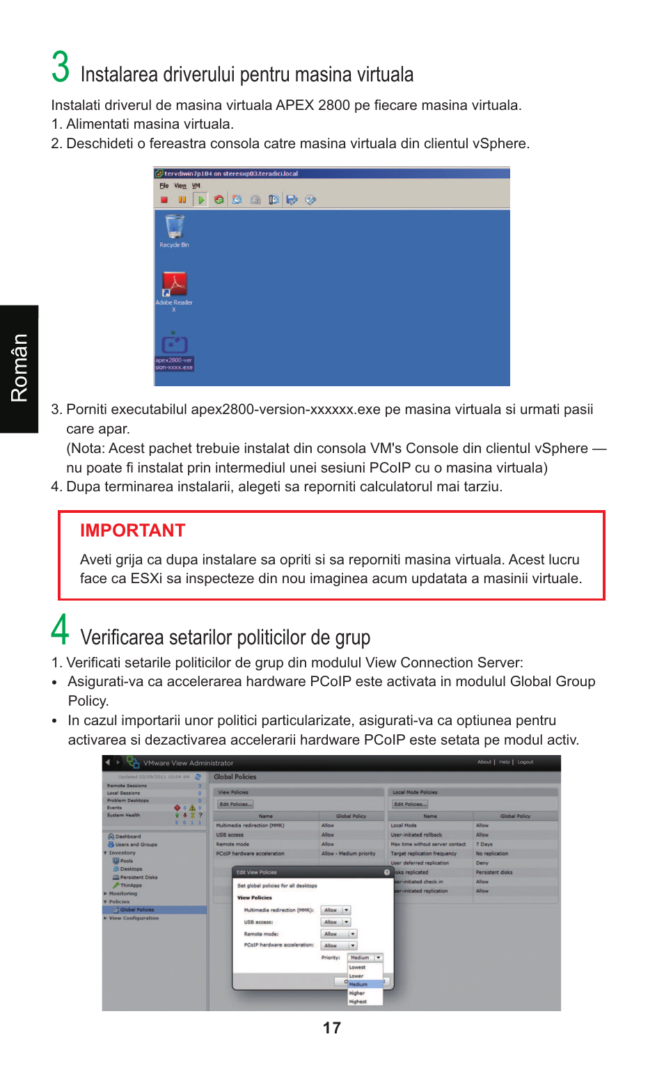 Instalarea driverului pentru masina virtuala, Verificarea setarilor politicilor de grup, Român | Leadtek Teradici APEX 2800 User Manual | Page 20 / 83