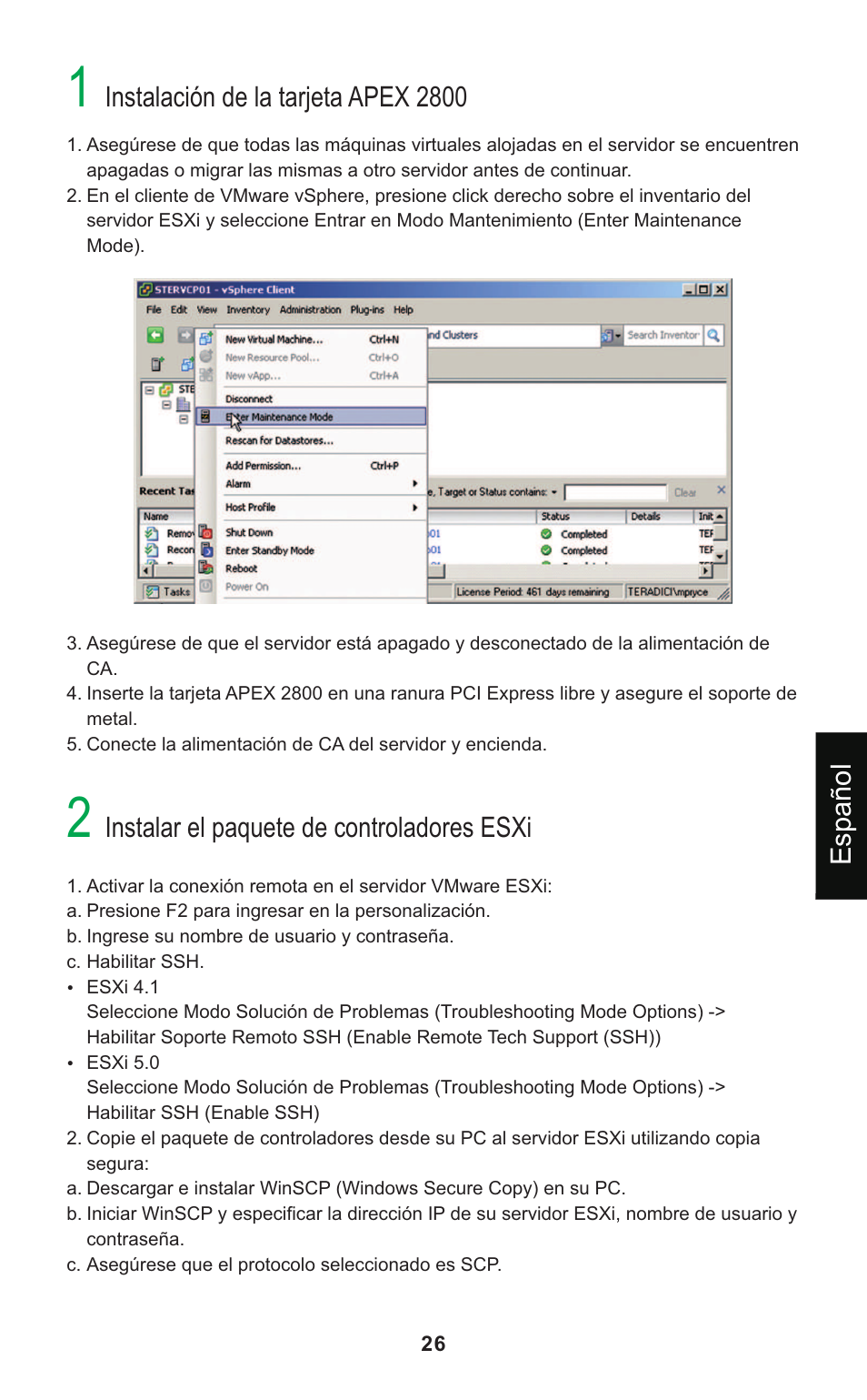 Instalación de la tarjeta apex 2800, Instalar el paquete de controladores esxi, Español | Leadtek Teradici APEX 2800 User Manual | Page 29 / 83