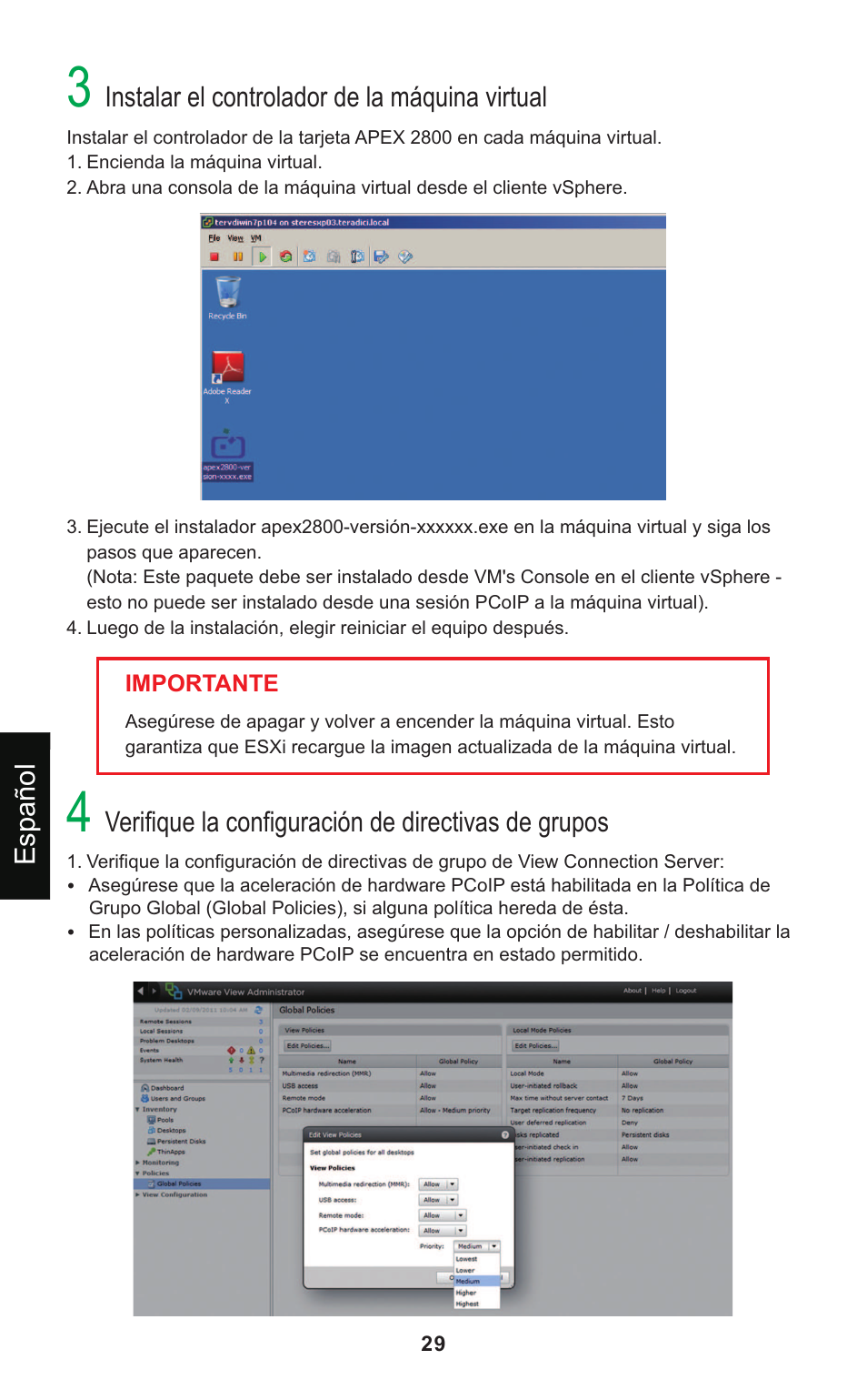 Instalar el controlador de la máquina virtual, Verifique la configuración de directivas de grupos, Español | Leadtek Teradici APEX 2800 User Manual | Page 32 / 83