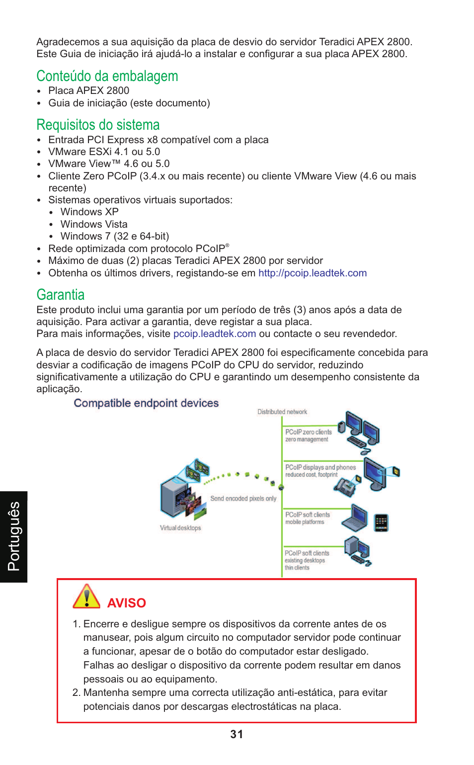 Conteúdo da embalagem, Requisitos do sistema, Garantia | Português, Aviso | Leadtek Teradici APEX 2800 User Manual | Page 34 / 83