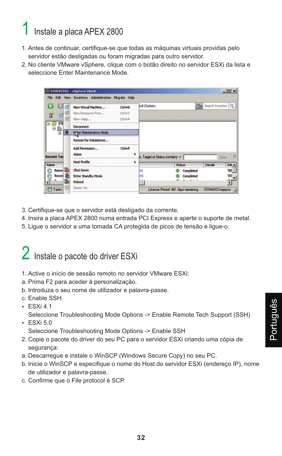 Instale a placa apex 2800, Instale o pacote do driver esxi, Português | Leadtek Teradici APEX 2800 User Manual | Page 35 / 83